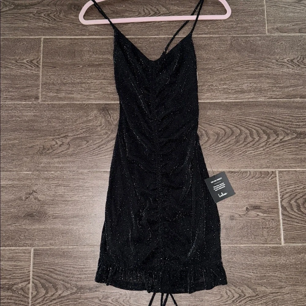 NWT Lulus Talk Of The Party Black Sparkly Ruched Bodycon Mini Dress - Size XS - Picture 8 of 10